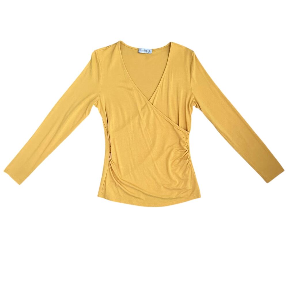 Kettlewell Colours M Mustard Yellow Ruched Faux Wrap Top Stretchy Long Sleeve